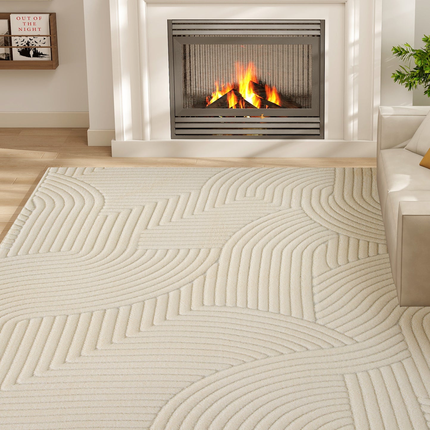 Modern Geometric Rug, Thick Plush, Non-Slip, 160 x 120 cm, Cream, Living Room, Bedroom, Office