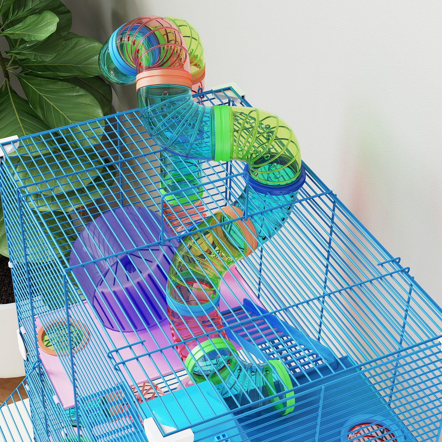 5 Tier Hamster Cage Carrier Habitat w/ Exercise Wheels, Tunnel, Blue