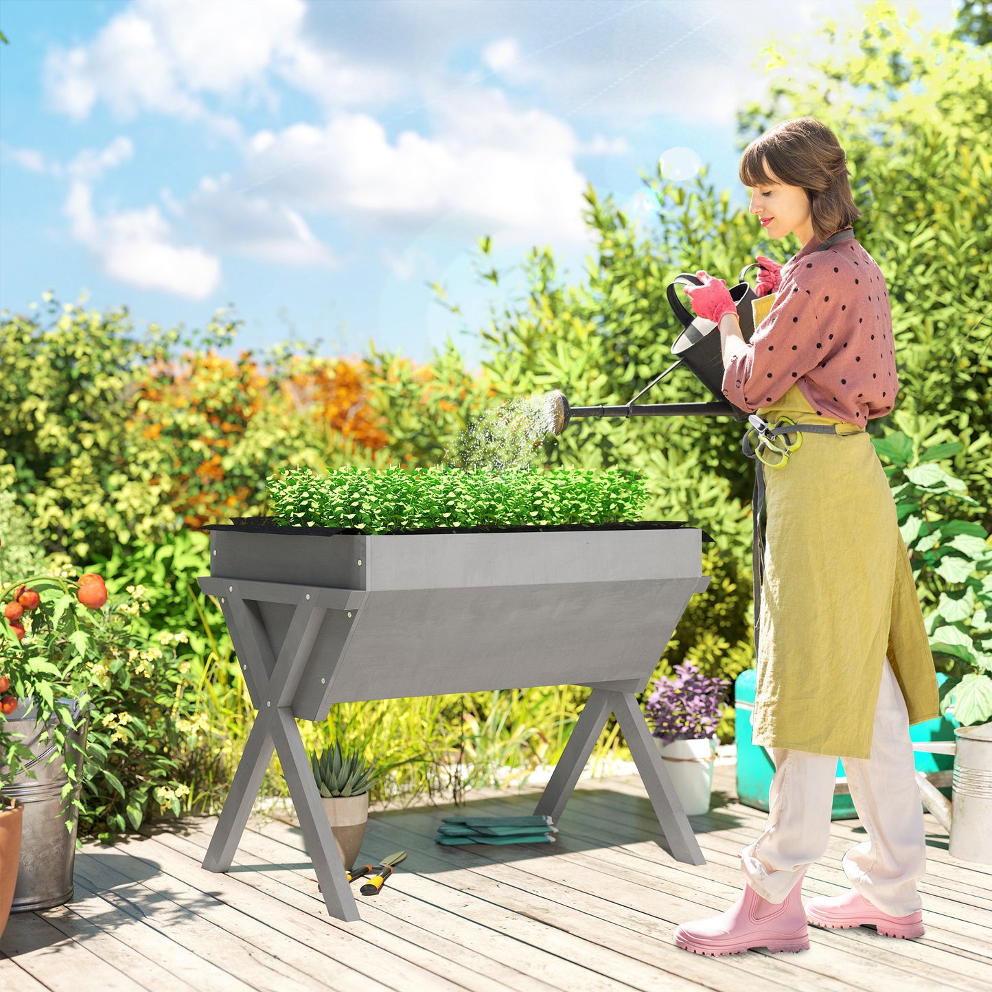 Wooden Raised Garden Bed with Bed Liner, Elevated Planter Box with Legs, Light Grey