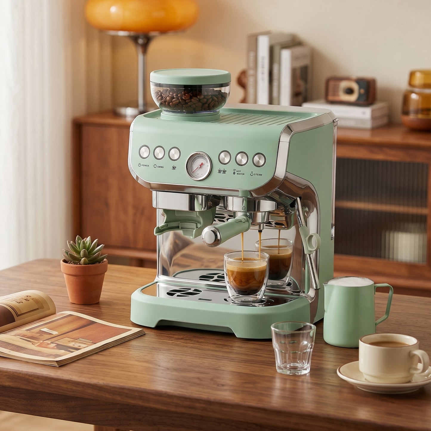 15 Bar Coffee Machine, with Adjustable Grind, Steamer and Accessories - Light Green