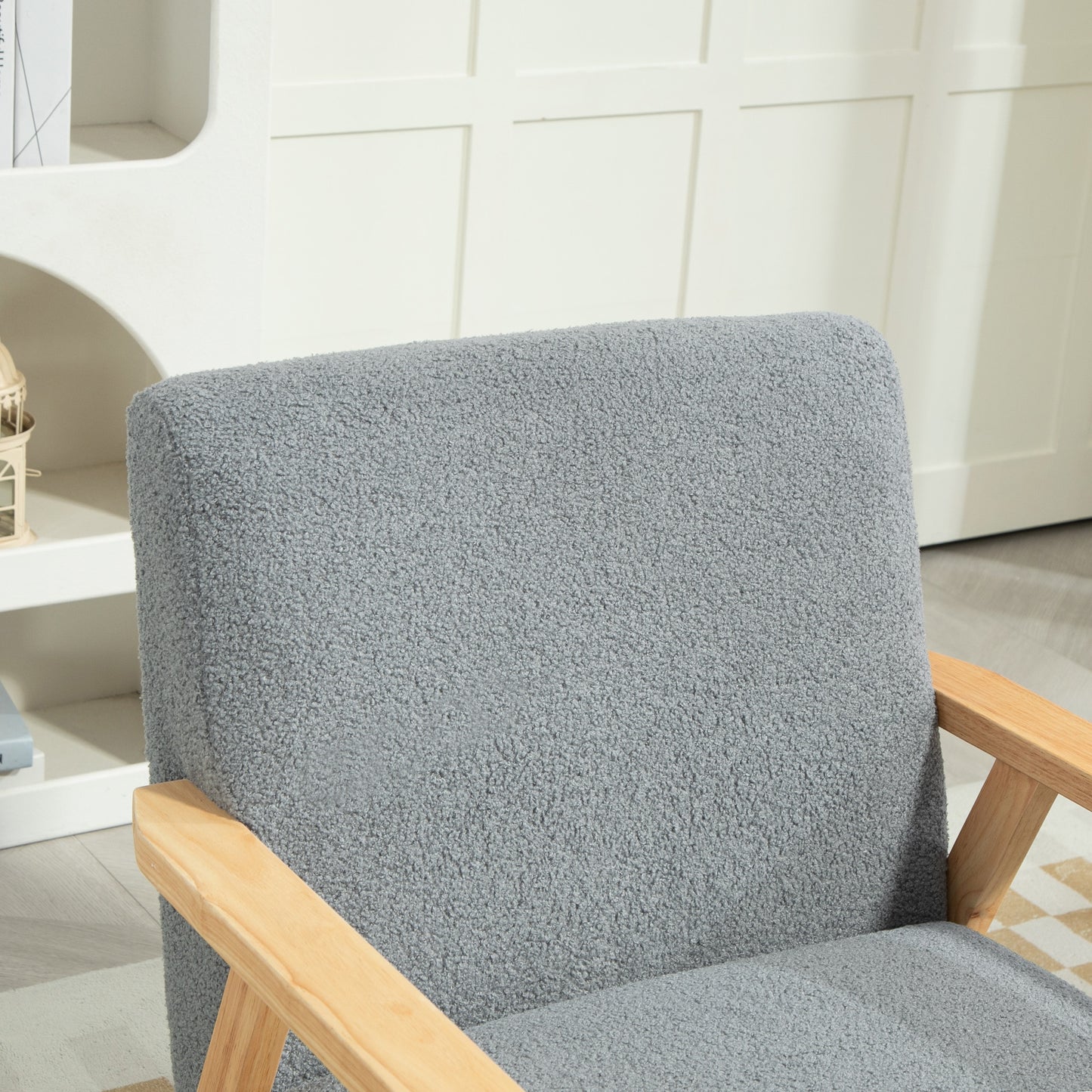 Modern Armchair, Sherpa Fleece Upholstered Accent Chair with Solid Wood Legs and Wide Seat