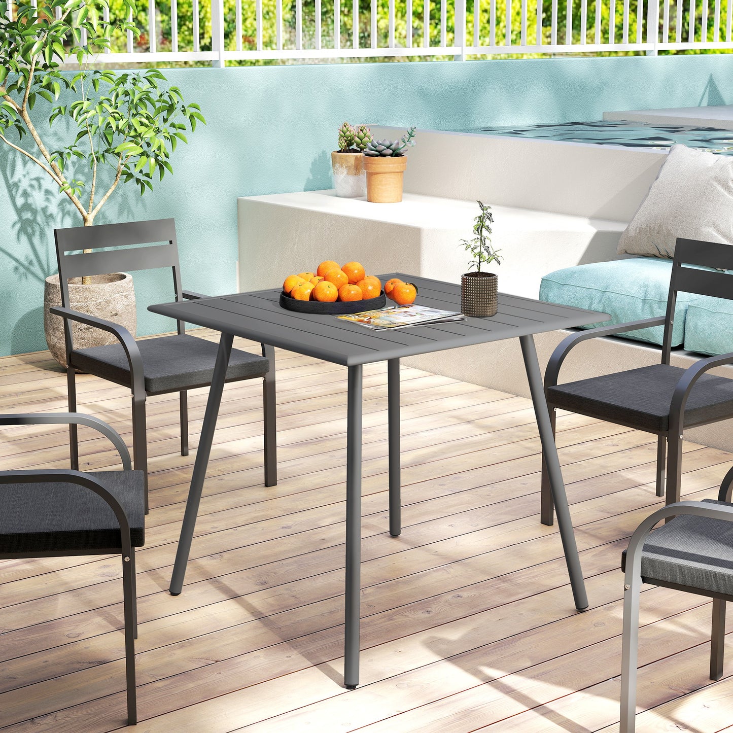 Square Garden Table with Slat Top, Steel Frame, Outdoor Table for 4 Person, 80 x 80 x 74 cm, Grey