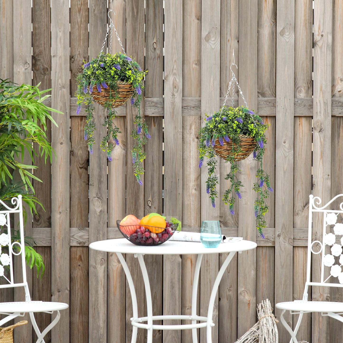 Set of 2 Decorative Artificial Plants, Faux Silk Lavender Flowers in Hanging Baskets