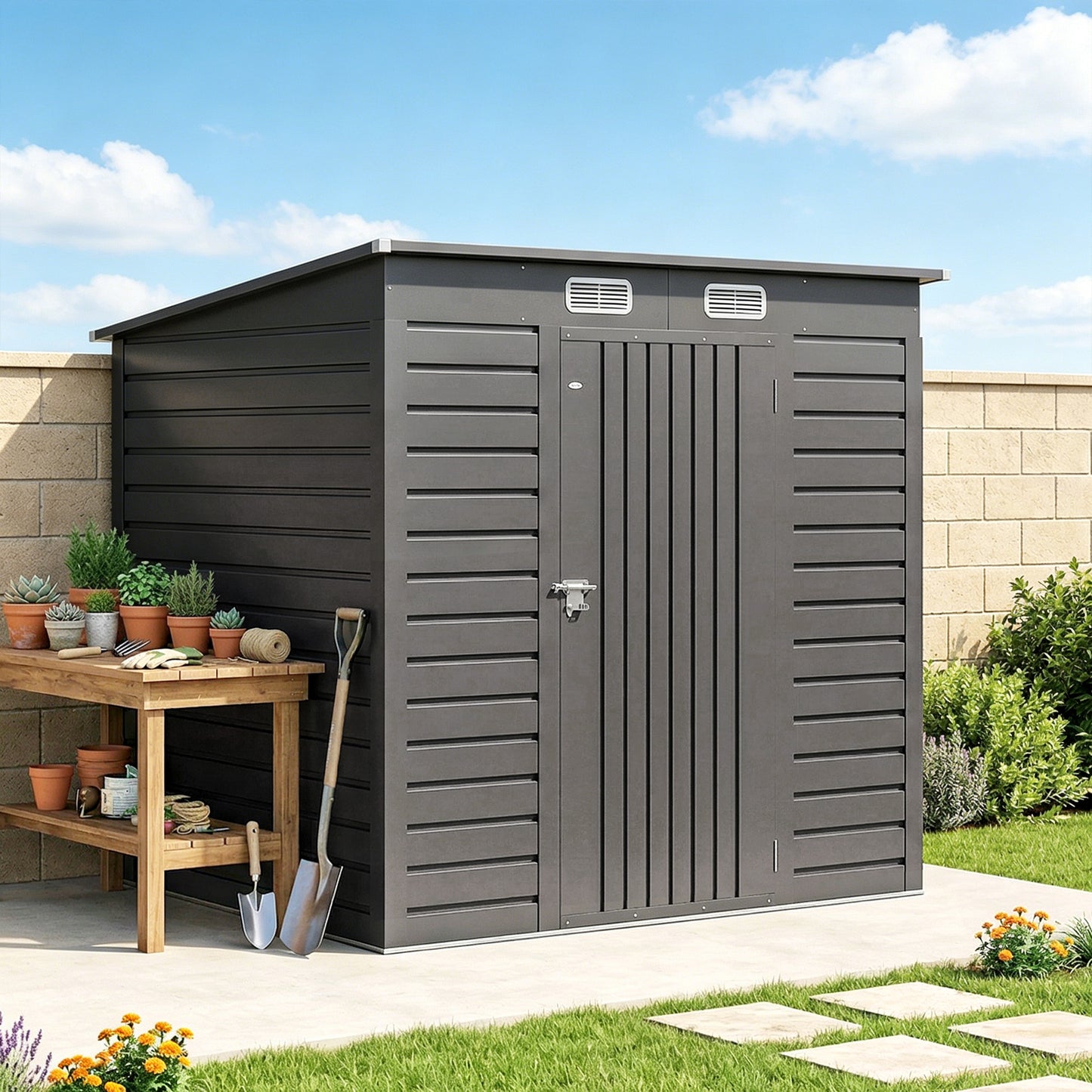 4 x 6ft Galvanised Metal Garden Shed, with Locking Door - Grey