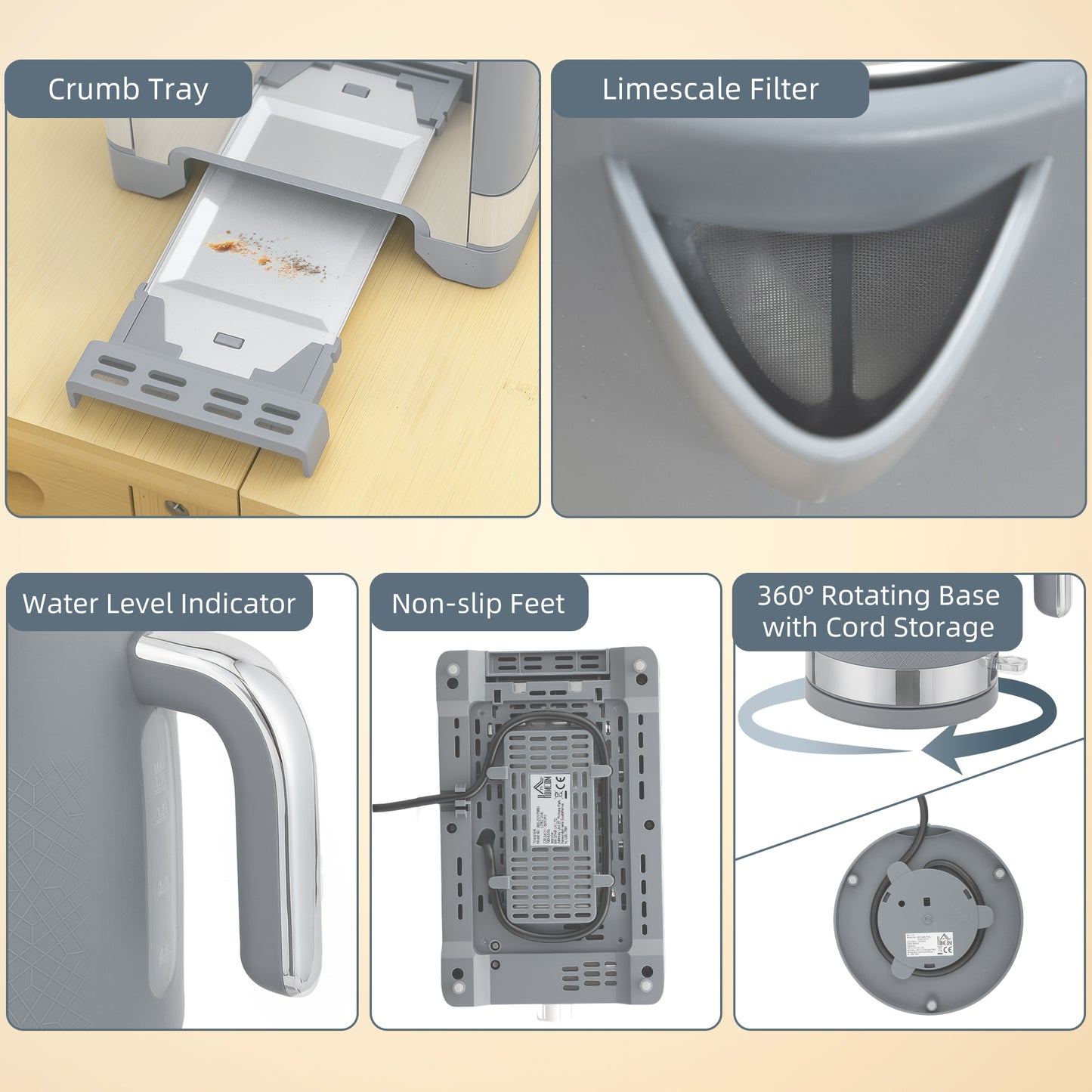 Sleek Textured Kettle and Toaster Set - Grey