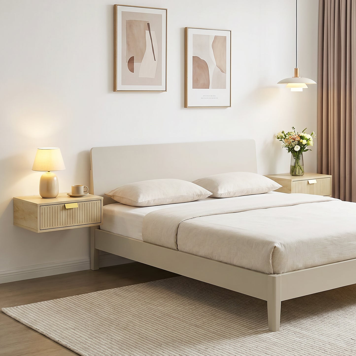 Modern Floating Nightstands Set of 2, Wall Mounted Bedside Tables with Wave Drawer Oak
