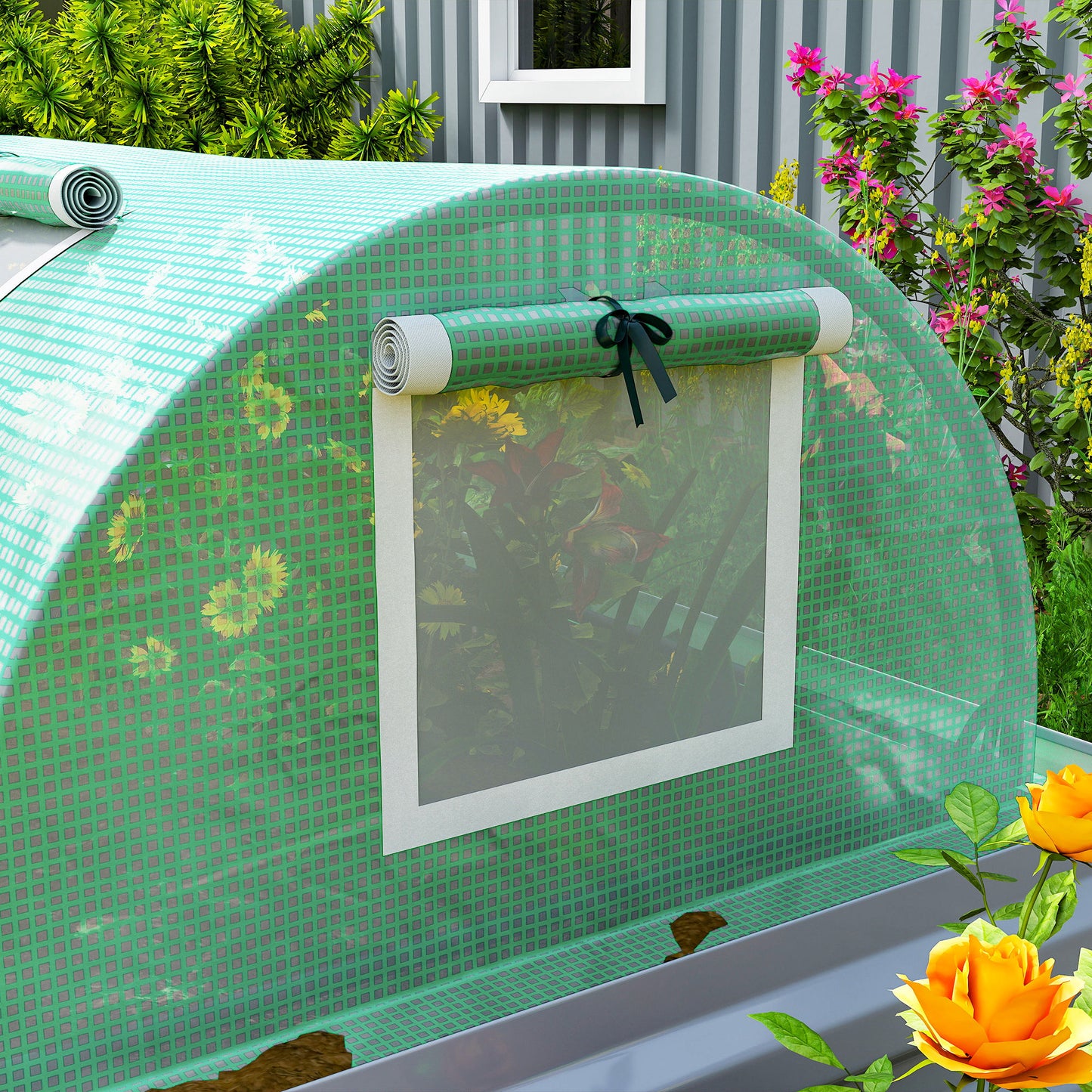 Mini Greenhouse, Portable Tunnel Green House, Green Grow House Steel Frame with 5 Mesh Windows, 3 M, Green