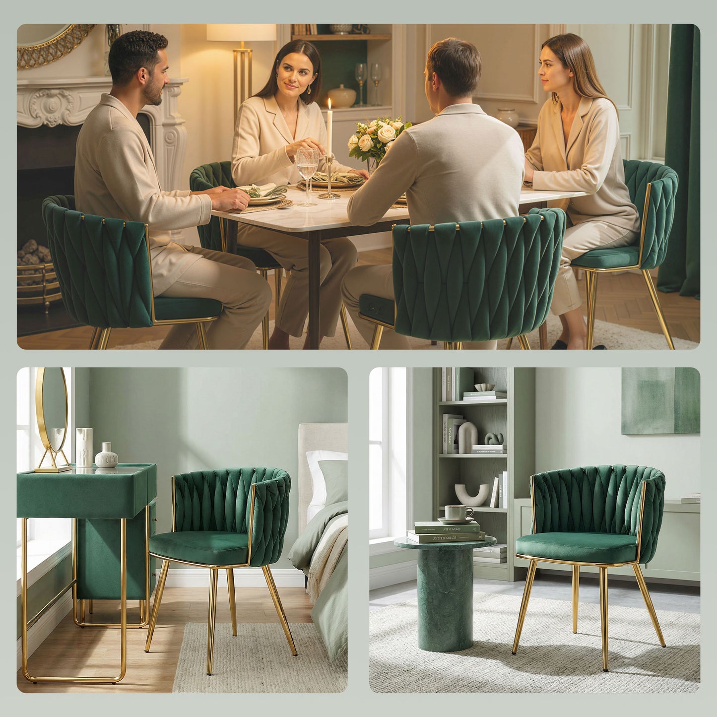 Velvet-Feel Dining Chairs Set of 2, Modern Upholstered Armchair with Knot Design and Golden Metal Legs