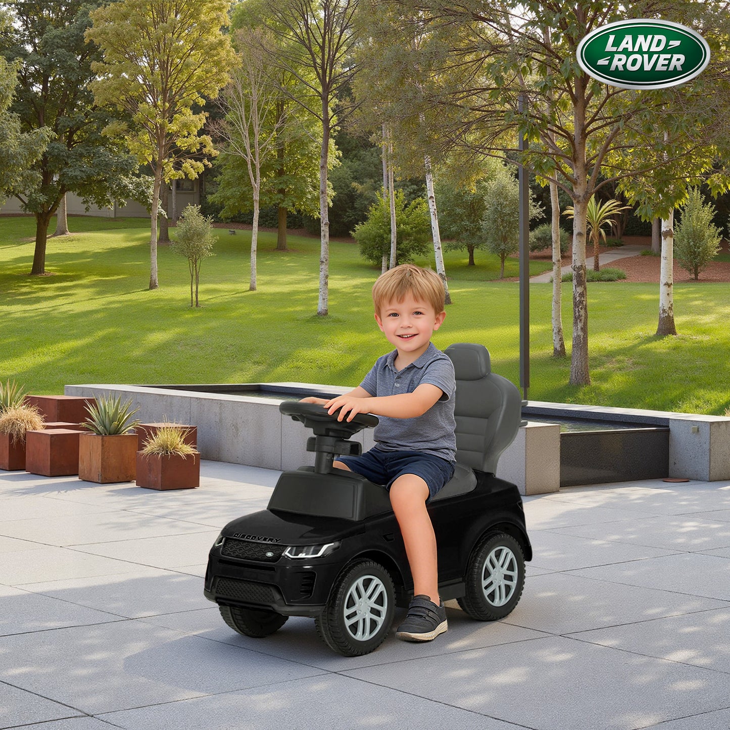 Land Rover Discovery Licensed Baby Push Car, 2-in-1 Ride on Car with Push Handle and Safety Guardrail, Black