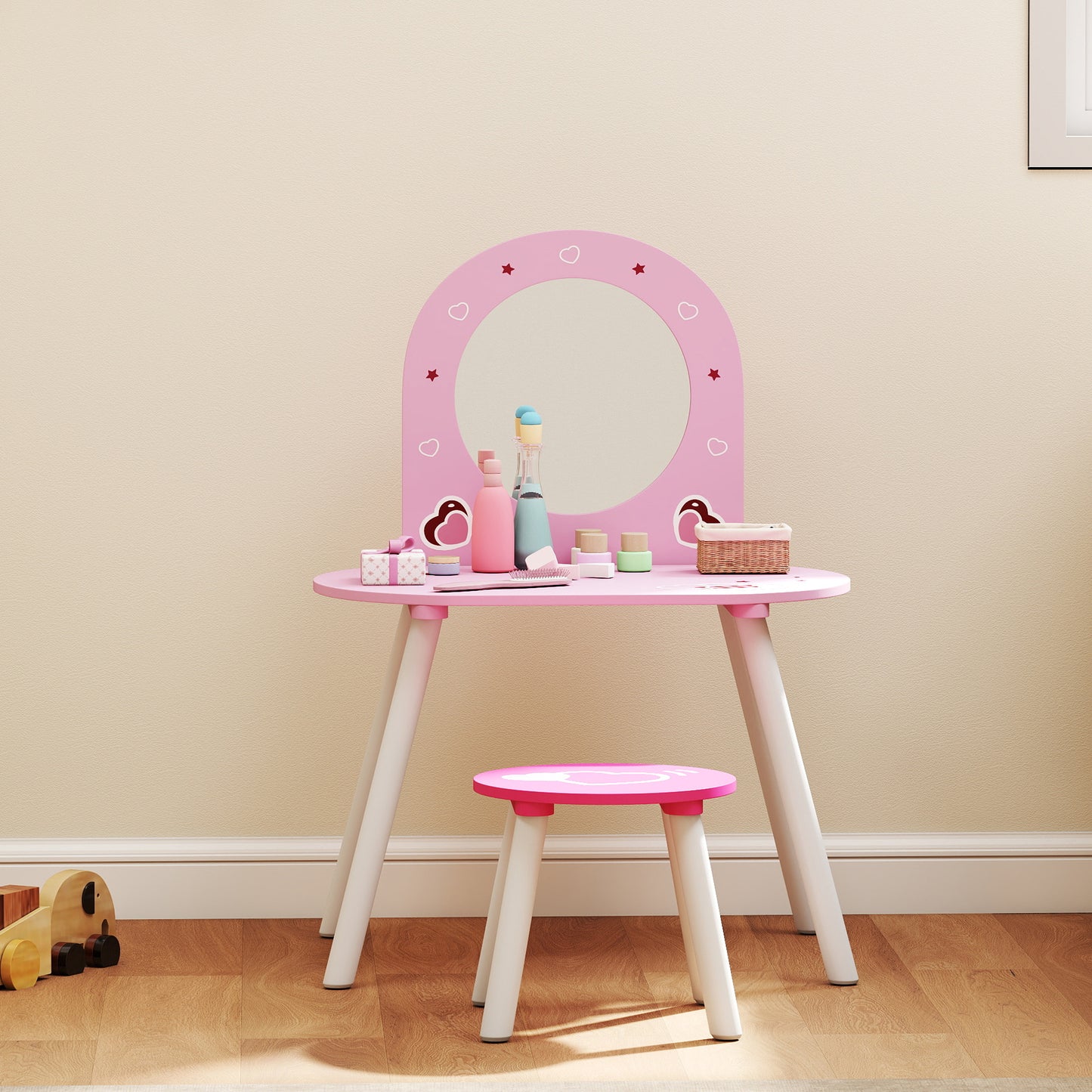 Kids Dressing Table with Mirror and Stool, Girls Vanity Set for Kids Room, Bedroom, Nursery, for Ages 3–6 Years, Pink