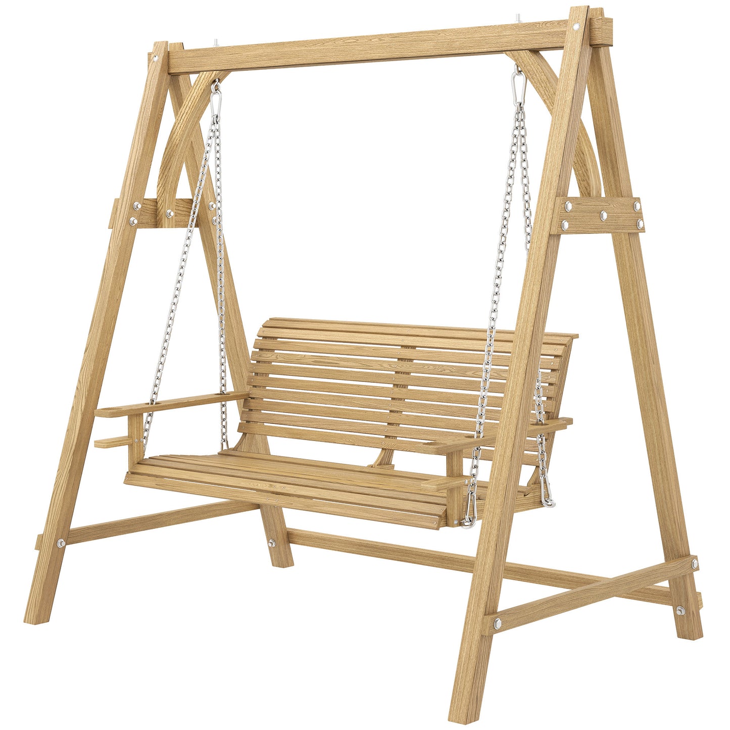 2 Seater Garden Swing Seat, Wooden Swing Chair Bench with Cup Holders for Outdoor Porch Patio, Natural