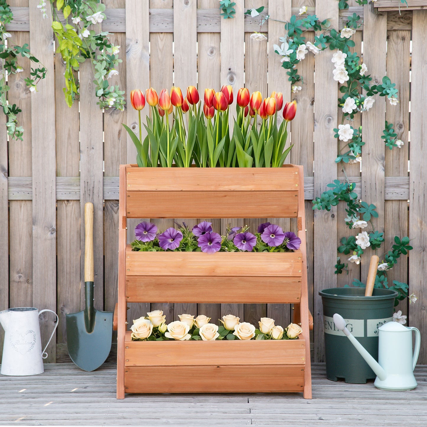 3 Tier Raised Garden Bed Wooden Elevated Planter Box Kit, 66L for Flower, Vegetable, Herb, 65x75x78cm, Brown