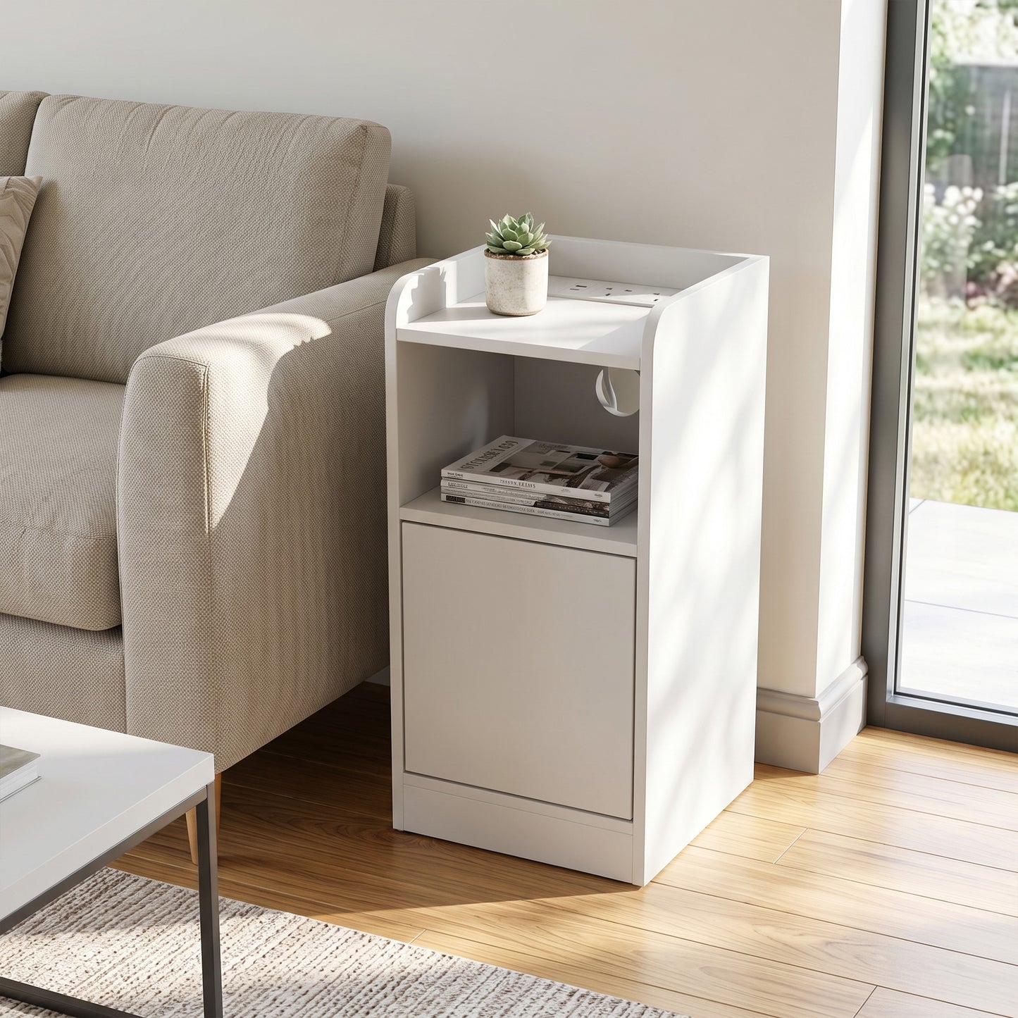Slim Bedside Table Set of 2 with Charging Station, Narrow Bedside Cabinet with Adjustable Shelf, White