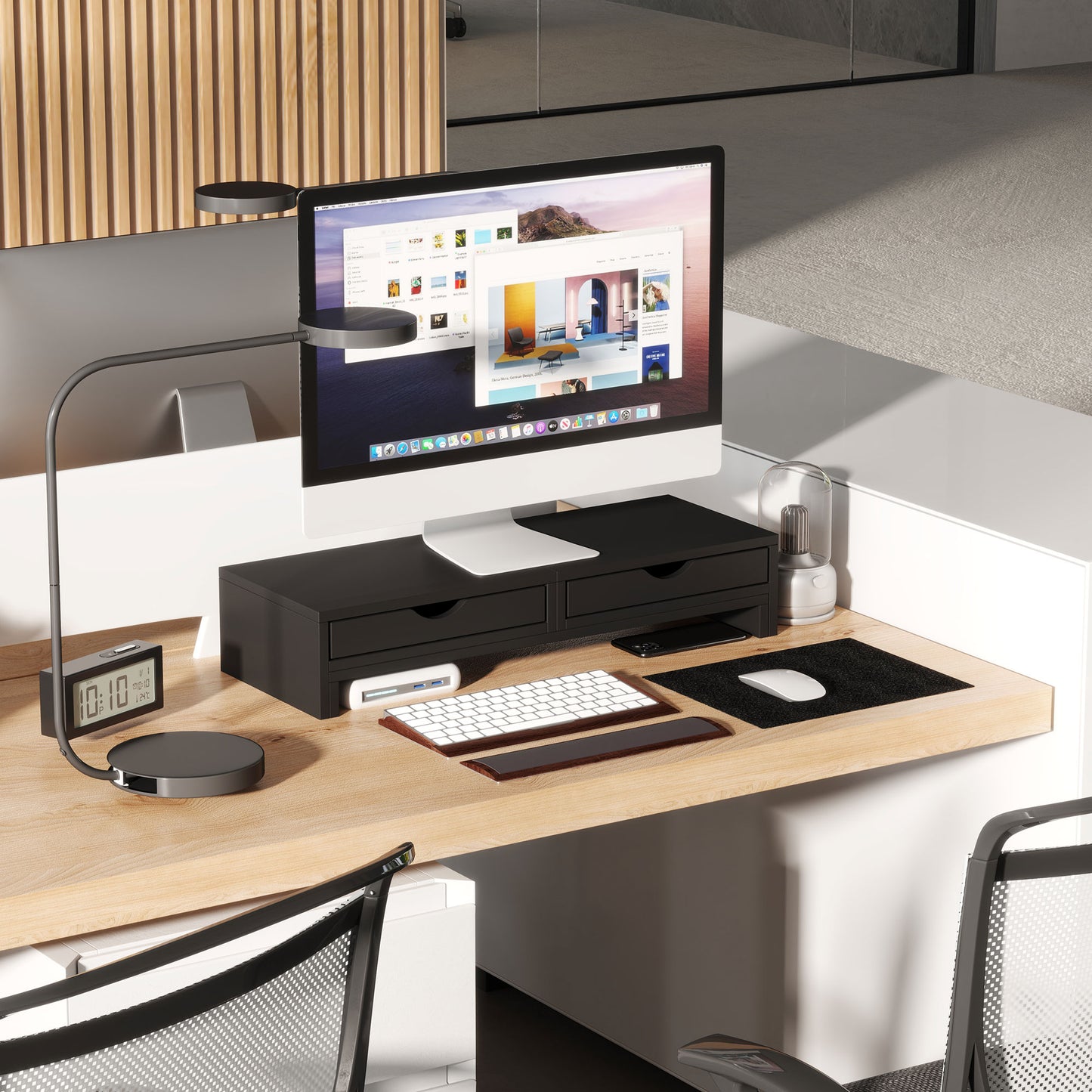Dual Monitor Stand Riser with 2 Drawers, Adjustable Length and Angle, 116cm Monitor Riser for Laptop, Computer, PC