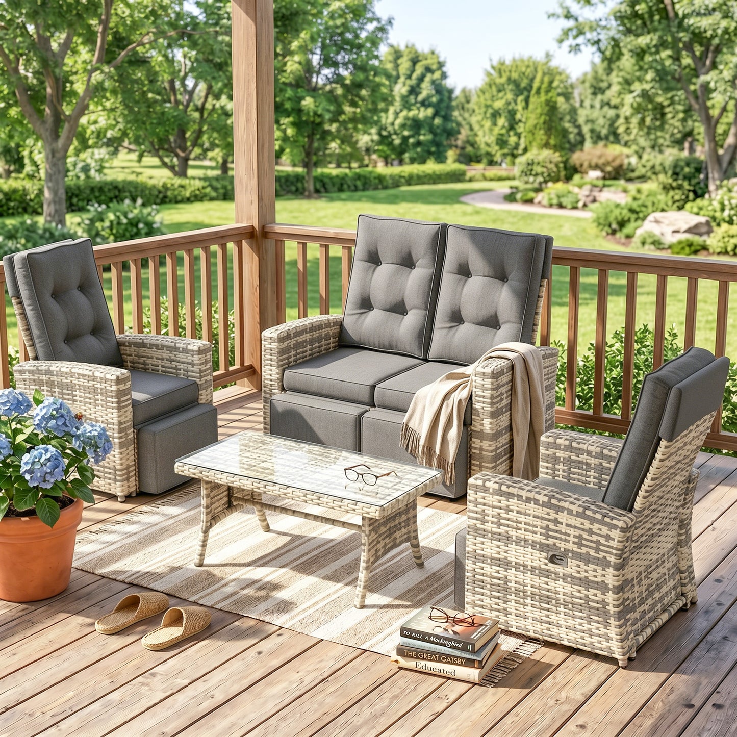 4 Piece Rattan Garden Furniture Set Outdoor Sofa Sectional Set with Glass Top Table for Poolside, Light Grey