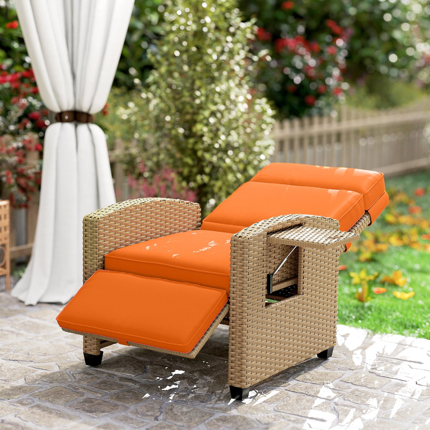 145° Reclining Rattan Armchair, with Footrest - Khaki/Orange