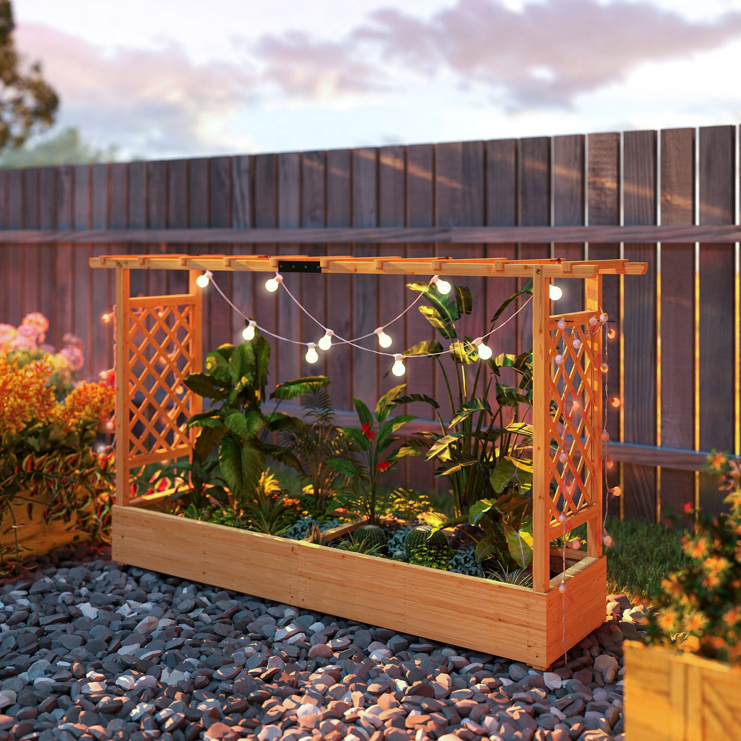 Raised Planter with Trellis, Wooden Raised Bed with Hanging Roof and Drainage Holes for Garden, Natural