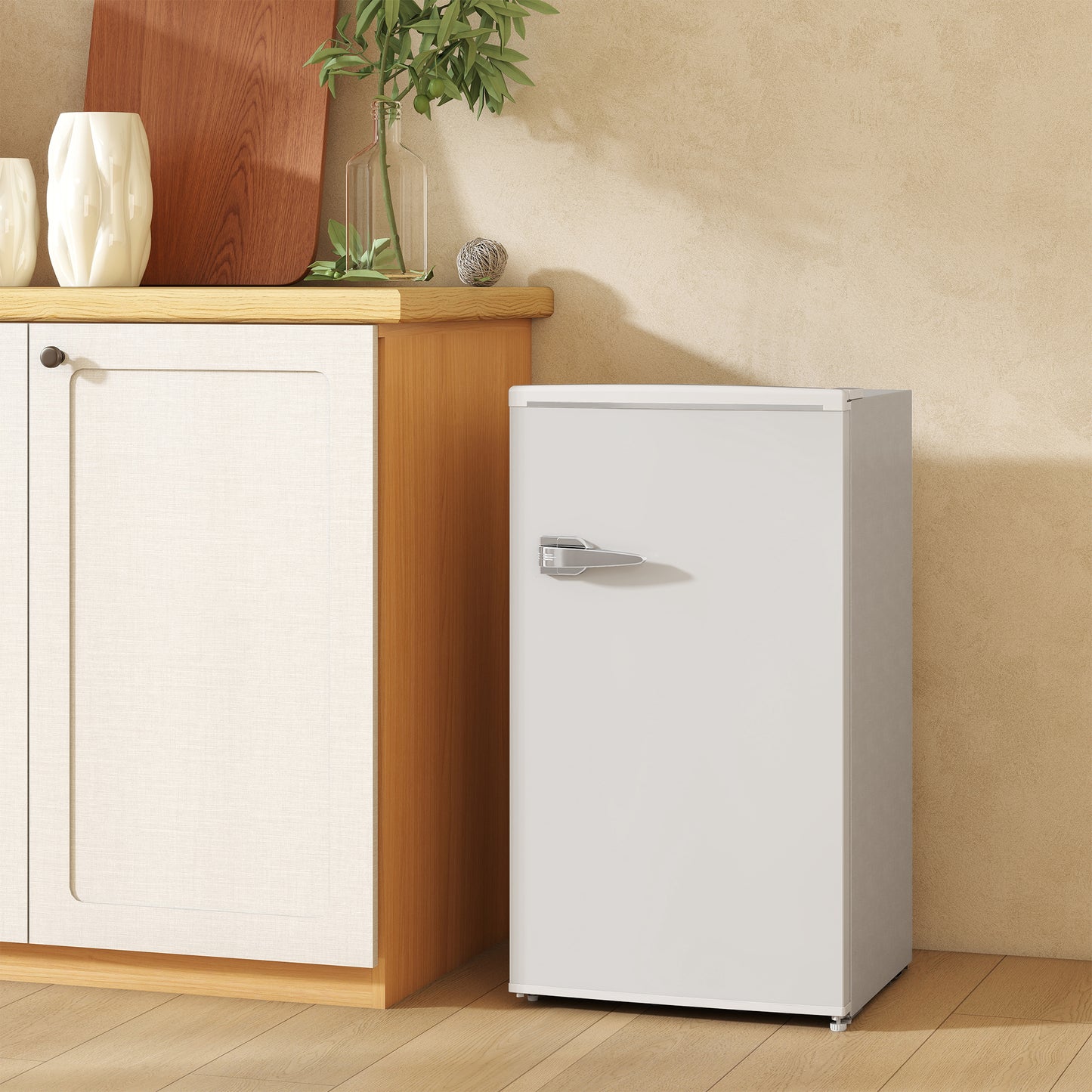 Under Counter Fridge, 85L Small Retro Refrigerator with Chiller Box, Adjustable Thermostat, Glass Shelves, White