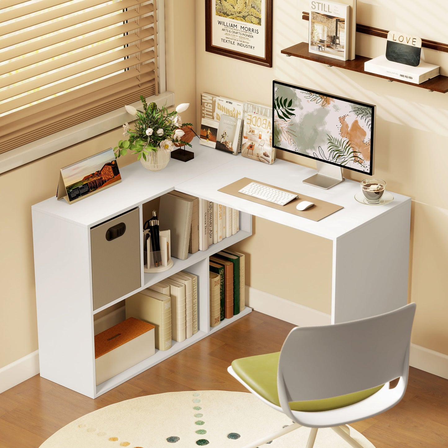 L Shaped Computer Desk, 110 x 100cm Reversible Corner Desk with Fabric Drawer and Storage Shelves, White