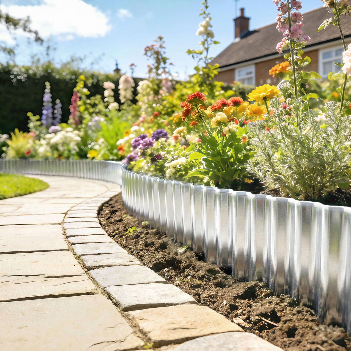Metal Garden Edging Border, 8 in x 21.3 ft Corrugated Heavy Duty Galvanised Steel Lawn Edging, Silver Tone