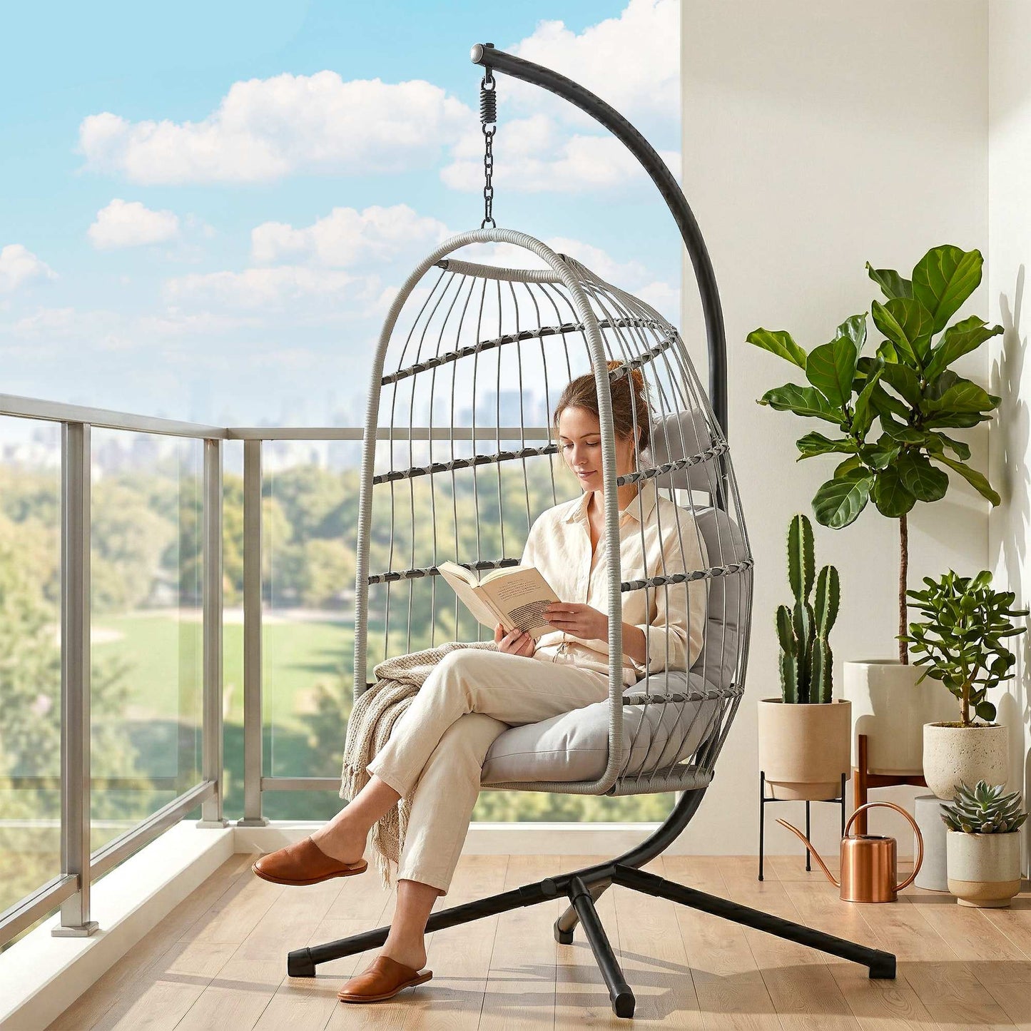 Hanging Egg Chair, Indoor Outdoor Hammock Swing Chair with Stand, Safety Strap, Foldable Basket, Light Grey