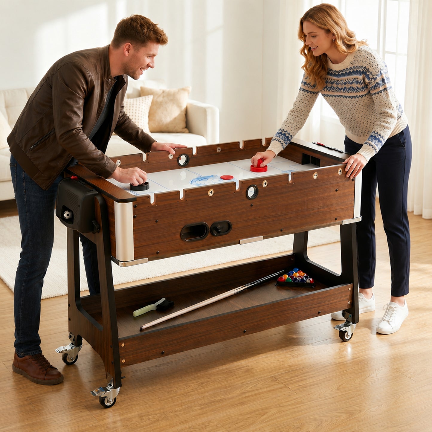 3 in 1 Multi Game Table, 3.4ft Reversible Air Hockey Pool Football Games Table with Lockable Wheels, Storage Shelf