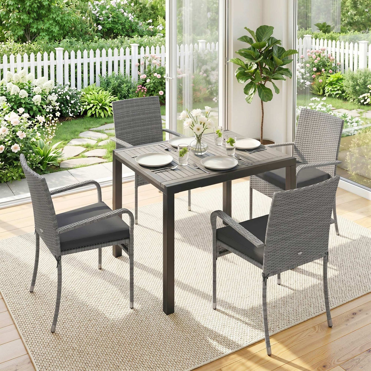 7 Piece Rattan Garden Furniture Set, 6 Seater Garden Table and 6 Stackable Chairs with Extendable Acacia Wood Tabletop