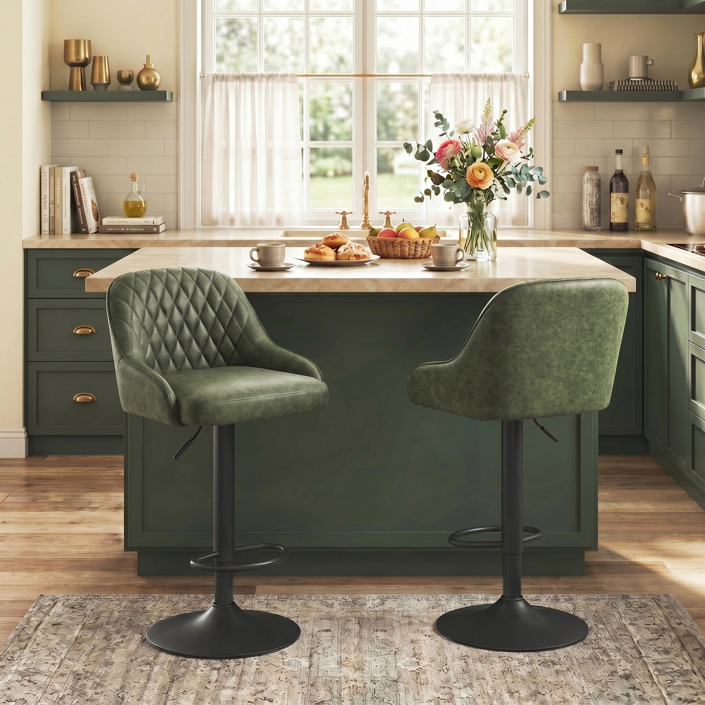 Bar Stools Adjustable Swivel Kitchen Chairs with Backrest Set of 2 for Kitchen Island Dark Green