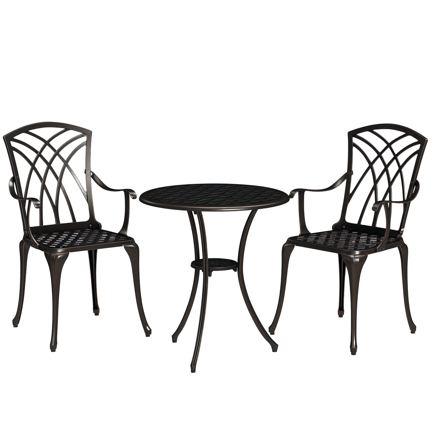 3 Pieces Garden Dining Set for 2, Cast Aluminium Outdoor Dining Set with 2 Armchairs and Round Dining Table with Parasol Hole