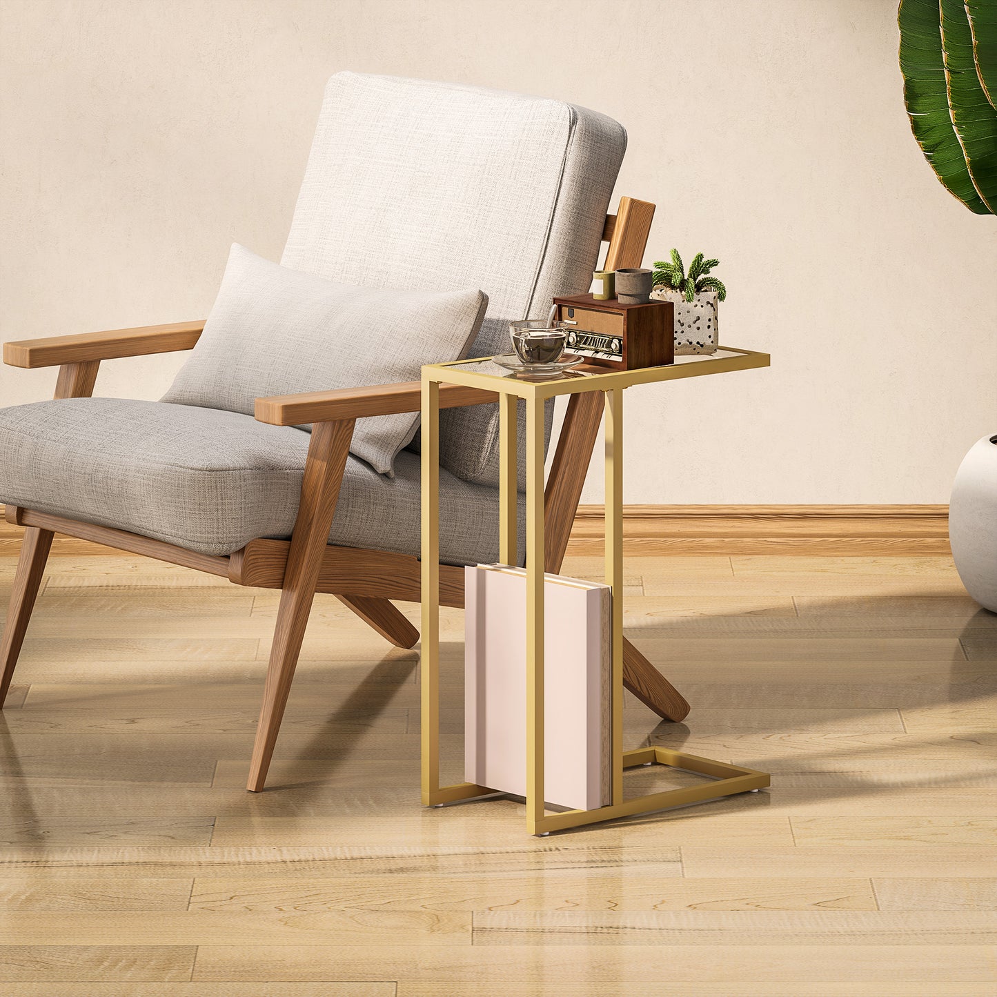 C-Shaped Side Table, Modern Slim End Table with Tempered Glass Tabletop, Steel Frame for Small Space, Living Room, Bedroom