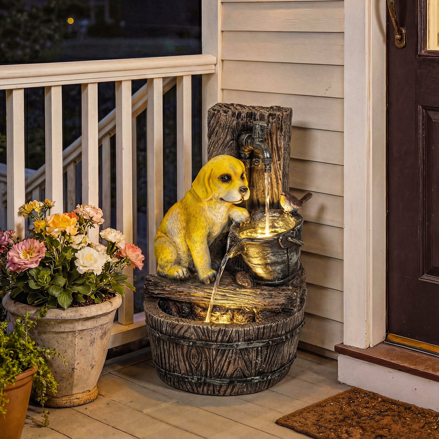 Garden Water Feature with 3-Tier Rustic Puppy Design, Freestanding Resin with LED Lights, Adjustable Flow, Rustic Brown