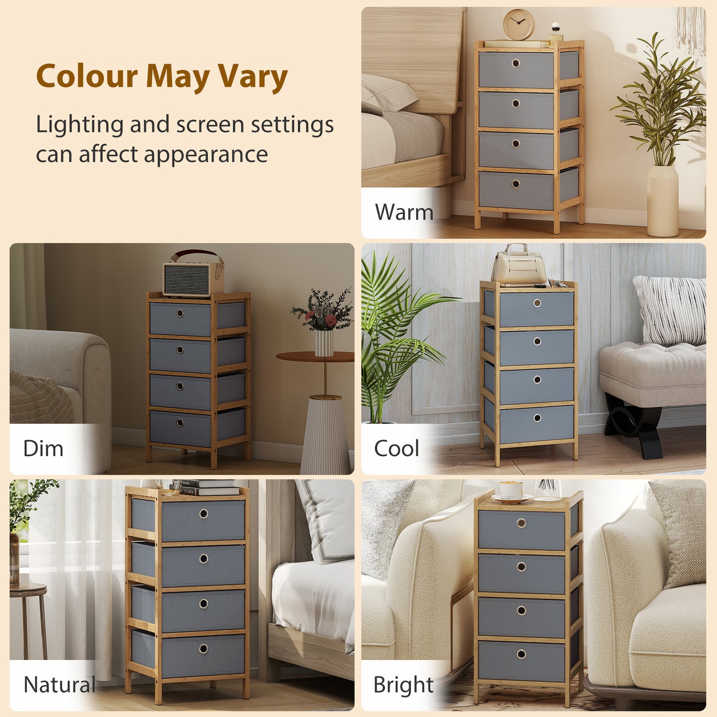 Chest of Drawers, 4 Fabric Drawers Narrow Dresser with Bamboo Frame, Light Grey
