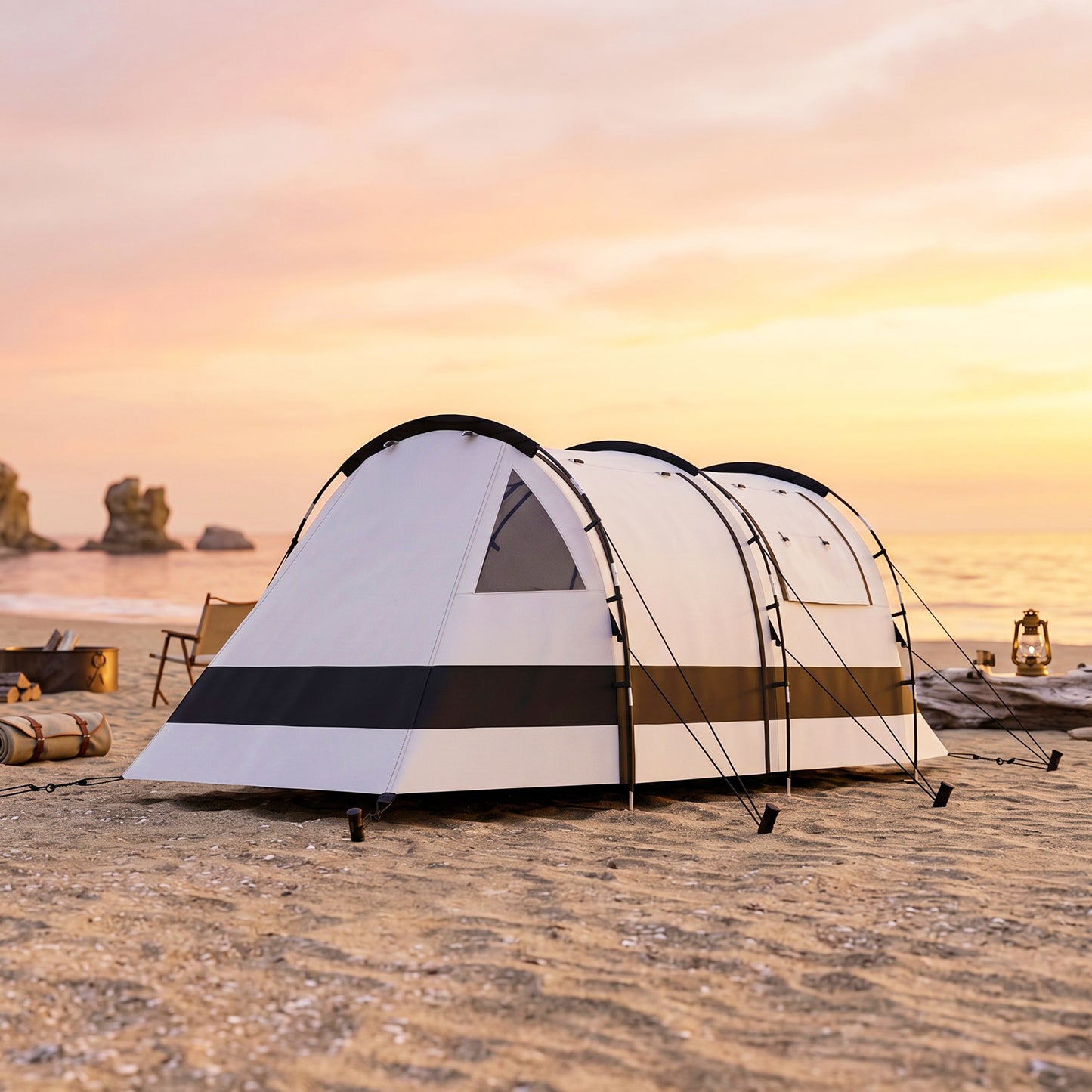 Camping Tent, 3 Man Blackout Tent with Bedroom and Living Room, Portable with Bag, for Fishing Hiking Festival, Khaki