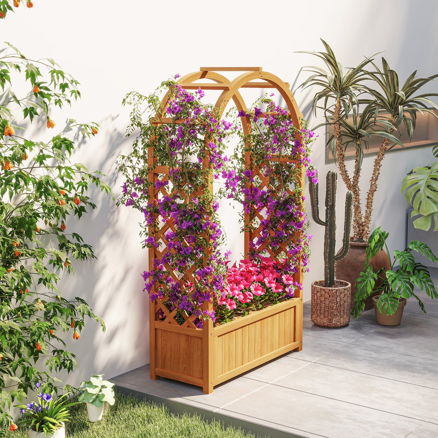 Wooden Raised Garden Bed with Trellis, Liner, Drainage Holes, for Vine Climbing Plants, Flowers, 83 x 36 x 145 cm