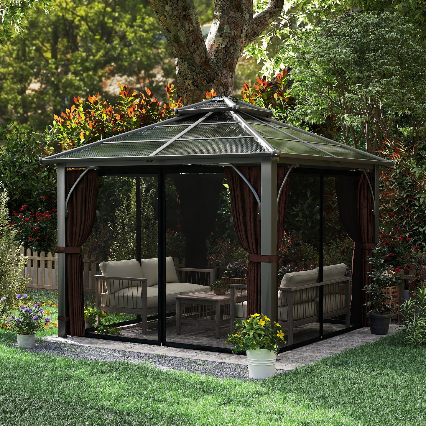 3 x 3(m) Hardtop Gazebo Canopy with 7mm Polycarbonate Double-Tier Roof, Garden Gazebo Permanent Pavilion