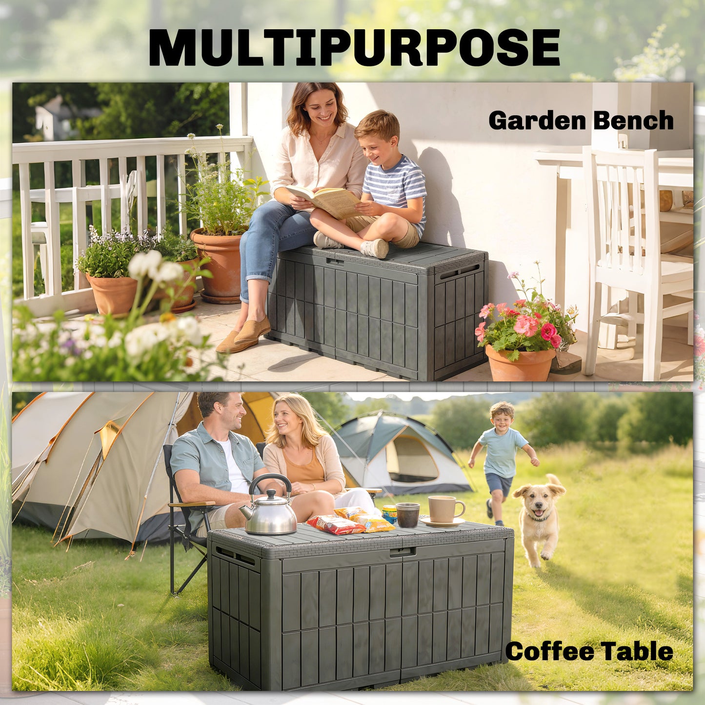 440L Garden Storage Box, Waterproof & UV Resistant Resin Deck Box with Lockable Lid, Pneumatic Gas Rods, Side Handles