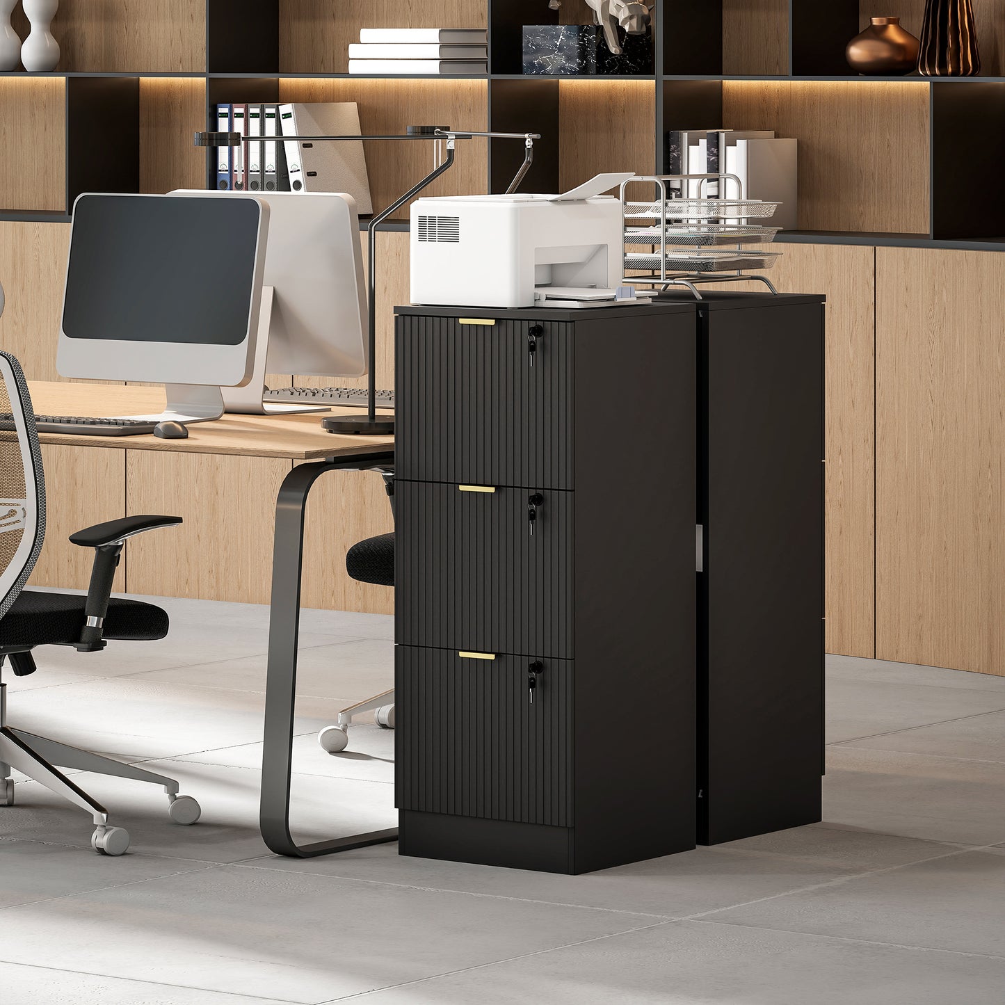 Filing Cabinet, Fluted Vertical File Cabinet with 3 Lockable Drawers and Hanging Rails, Black