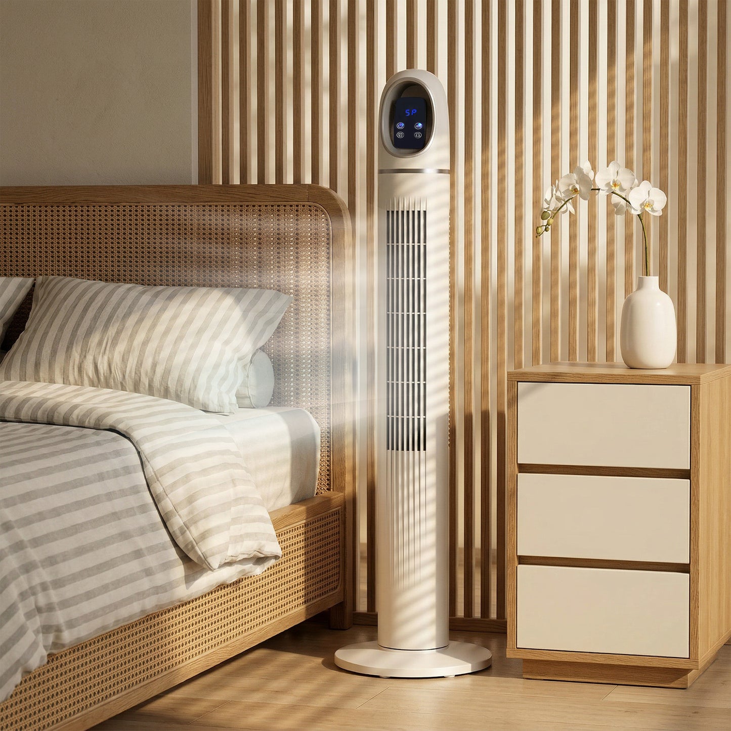 Tower Fan for Bedroom, Standing Floor Fan with Oscillating, 3 Modes, 3 Speeds, 24 Hour Timer, White