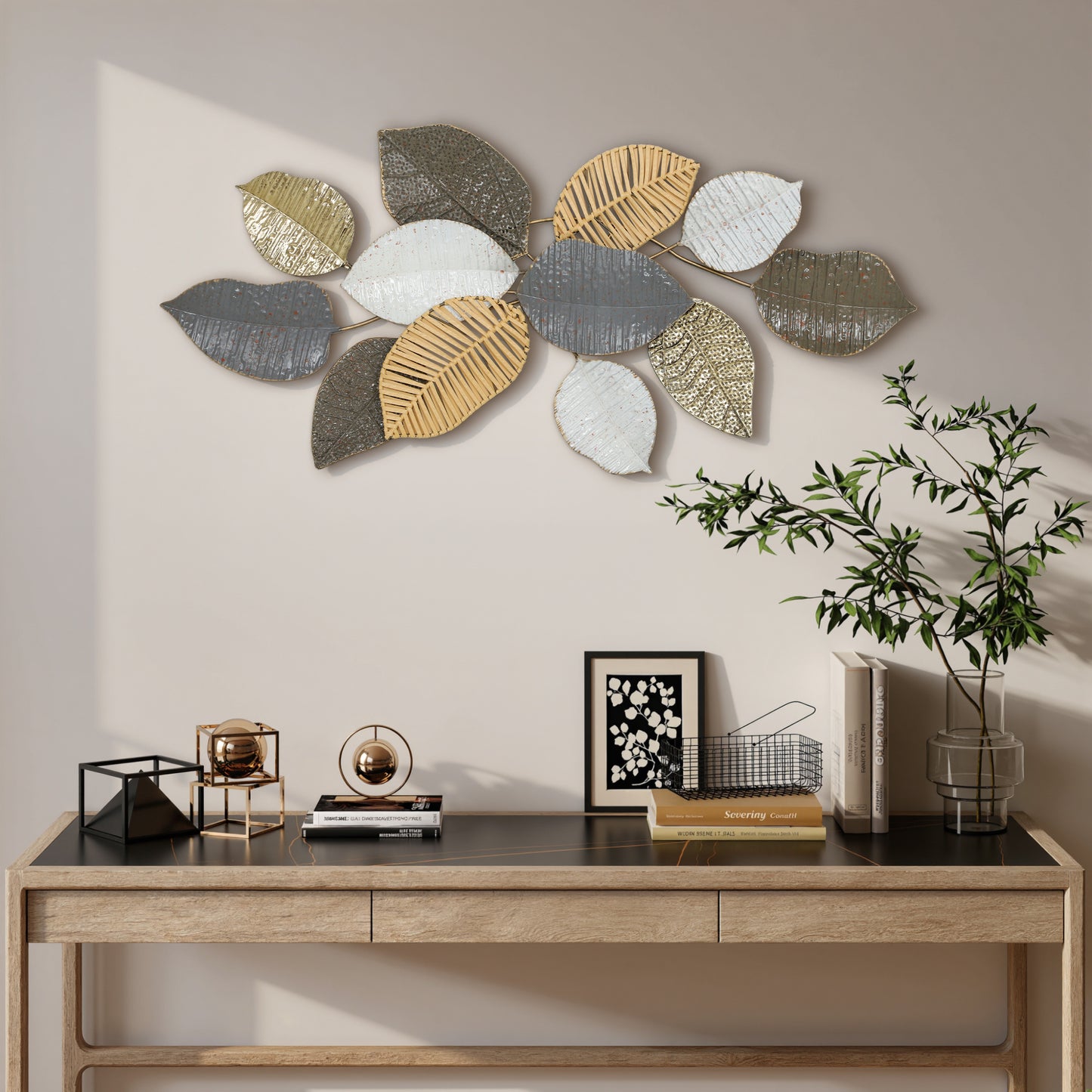Metal Wall Art, Modern Hanging Wall Decor with Unique Leaf Design for Living Room Bedroom Entryway
