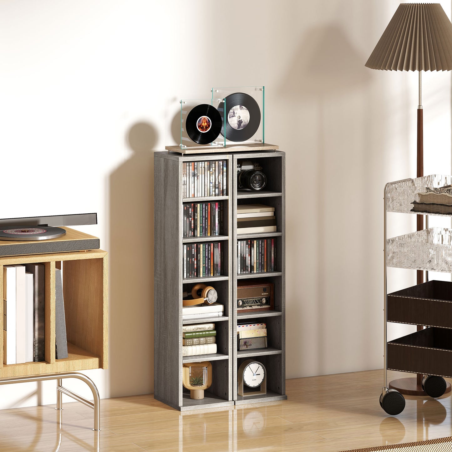Set of 2 CD Media Display Shelf Unit Tower Rack with Adjustable Shelves, Mocha Wood Effect