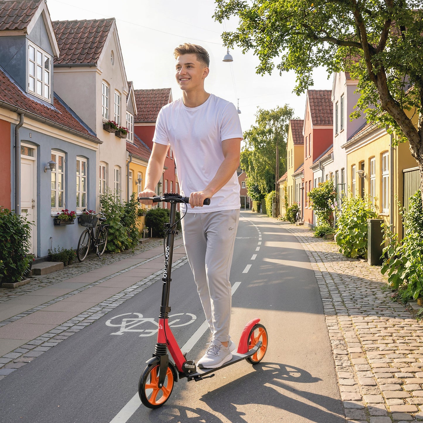 One-click Folding Kick Scooter for 14+ w/ Adjustable Handlebar, Push Scooter with Kickstand, Dual Brake System, Red