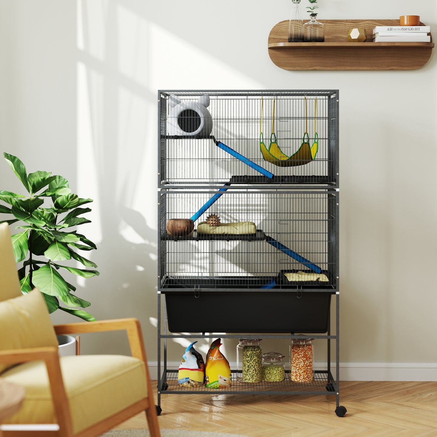 5 Levels Rolling Small Animal Cage with Non Slip Ramps, Slide Out 16cm Deep Tray, 88 x 48 x 150.5cm, Dark Grey