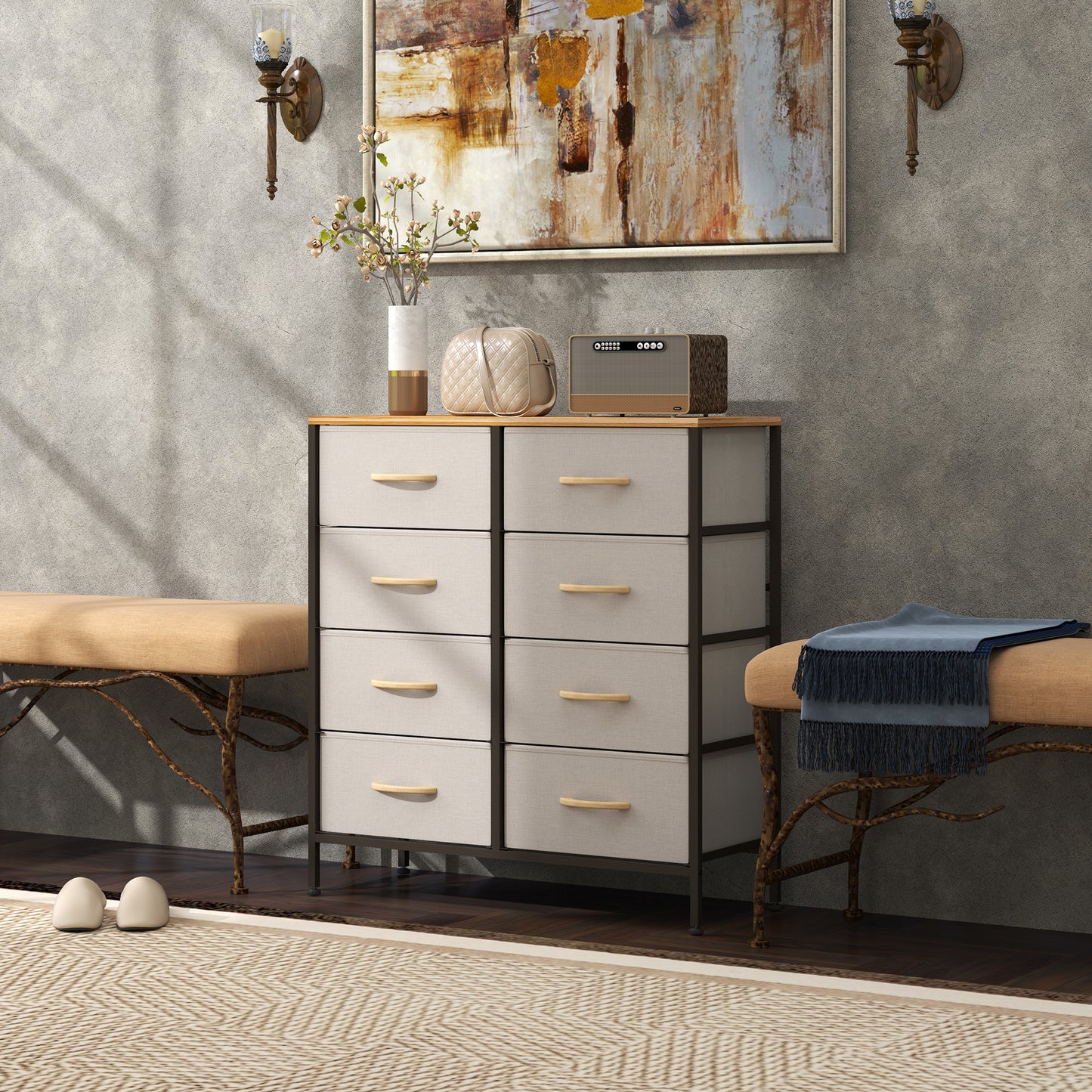 Fabric Chest of Drawers, Industrial Bedroom Dresser with 8 Fabric Drawers, Steel Frame and Wooden Top for Nursery