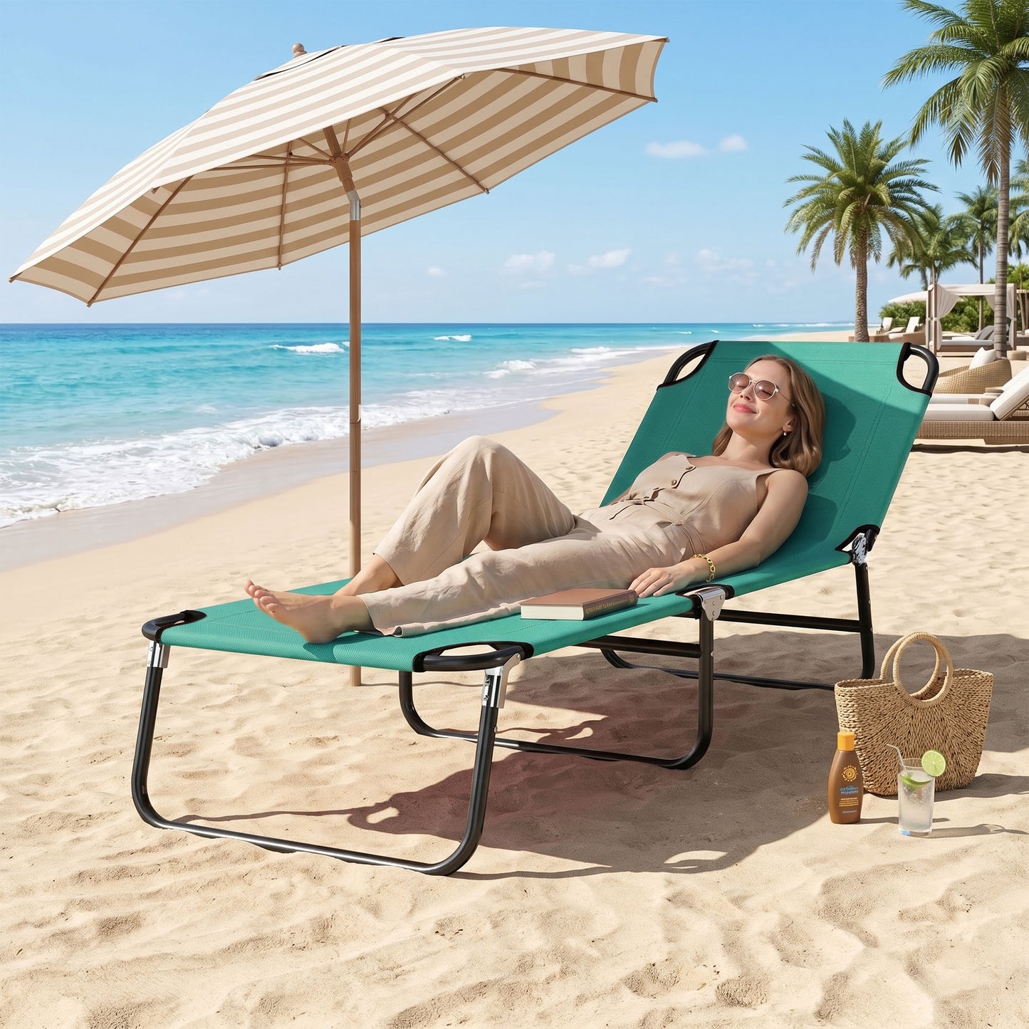 Foldable Sun Lounger with 5-Position Adjustable Backrest, Outdoor Portable Recliner Chaise Lounge Chair, Green