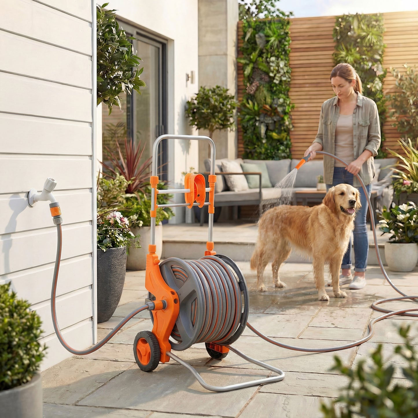 Hose Reel Cart with Wheels, 45+2m Garden Hose Reel with 2 Patterns Nozzle, Faucet Adaptors and Rewind Handle, Orange