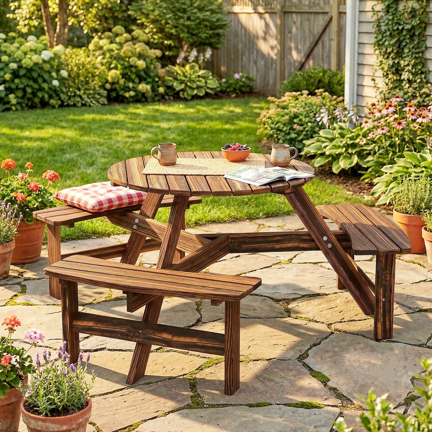 Wooden Garden Dining Set, 6 Seater Round Dining Picnic Table with Matching Bench