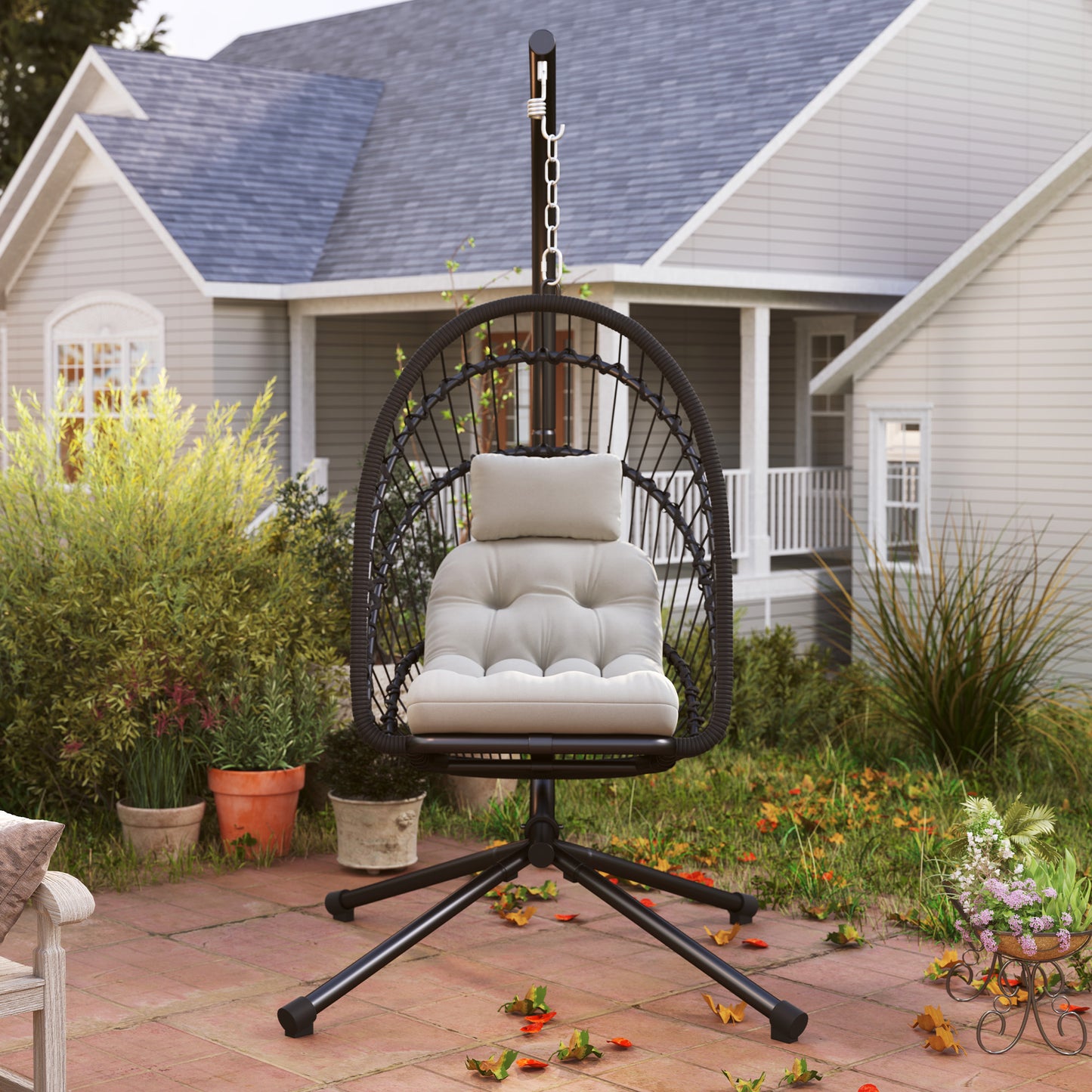 Outdoor PE Rattan Swing Chair with Foldable Basket and Cushion, Garden Patio Hanging Egg Chair with Metal Stand