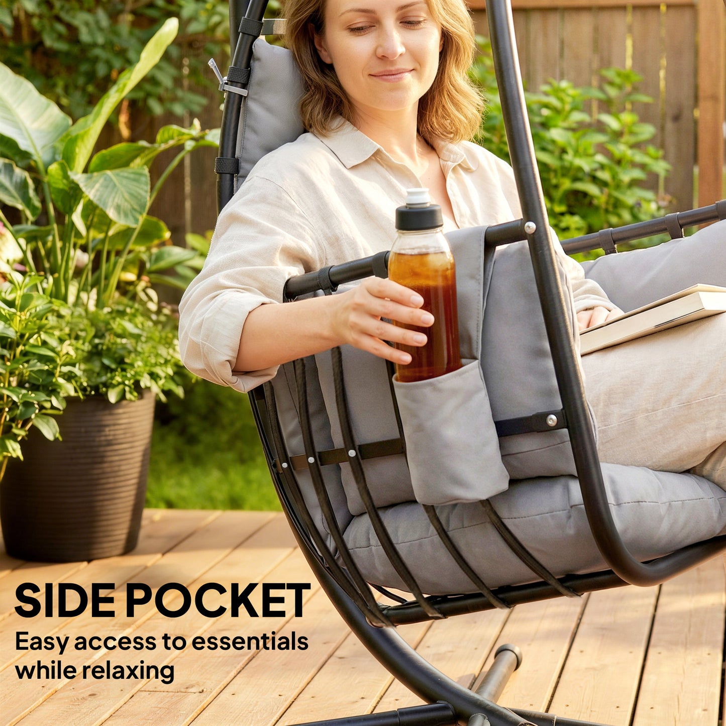 Hanging Egg Chair, Indoor Outdoor Swinging Hammock Chair with Stand, Foldable Basket, Side Pocket, Dark Grey