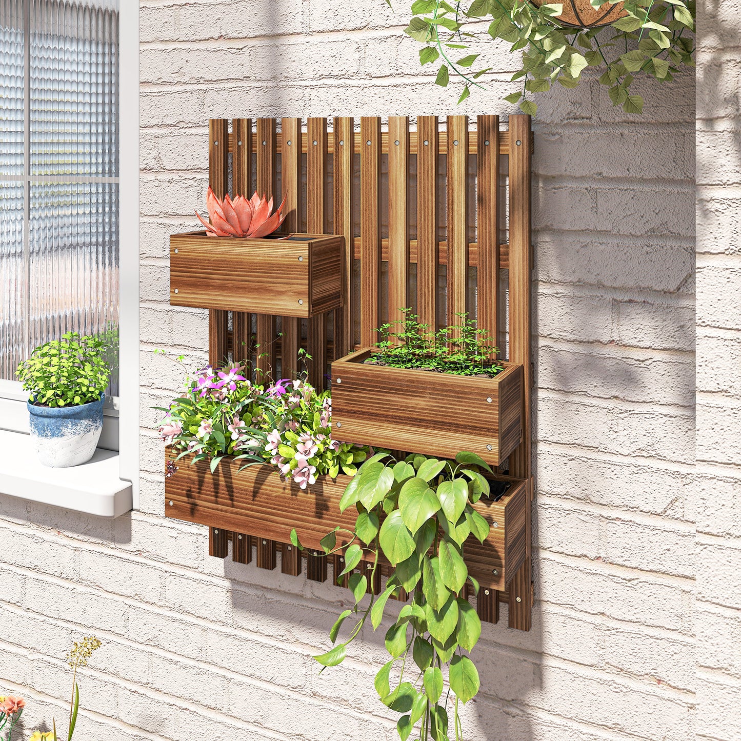 Wall-mounted Wooden Garden Planters with Trellis, Drainage Holes and 3 Planter Boxes for Patio, Carbonised