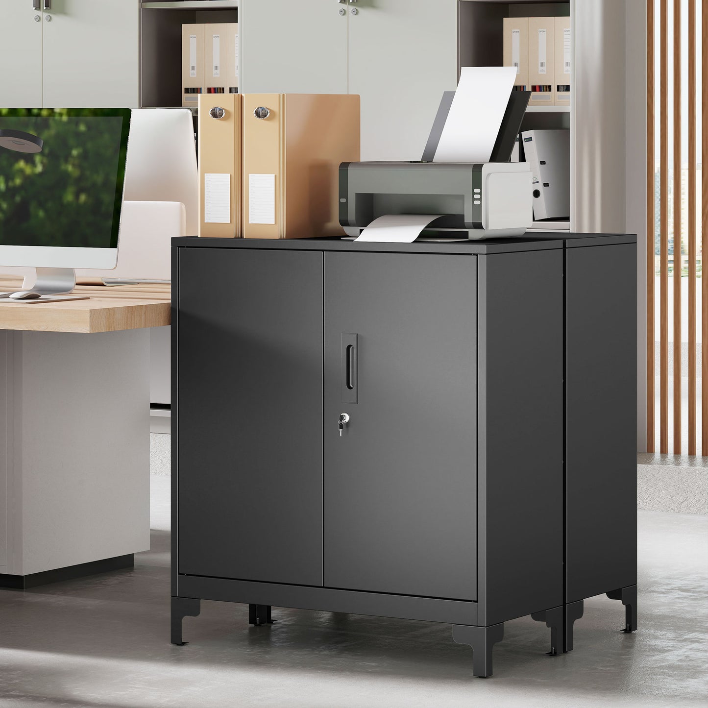 Lockable Metal Filing Cabinet, 2-Tier Storage Cupboard with Double Doors, Modern Office Organiser, Black